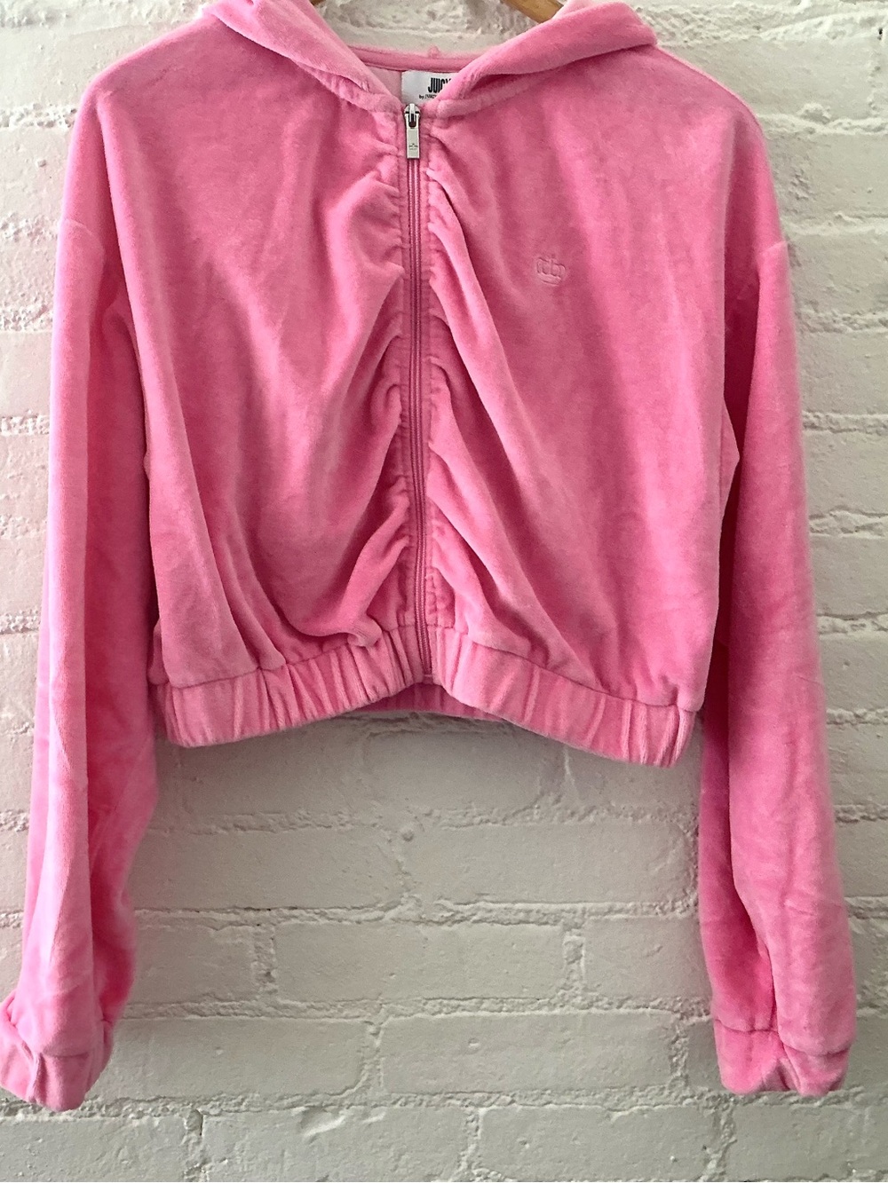 Juicy Couture Y2K Bright Pink Velour Ruched Cropped Jacket Hooded Full Zip Retro